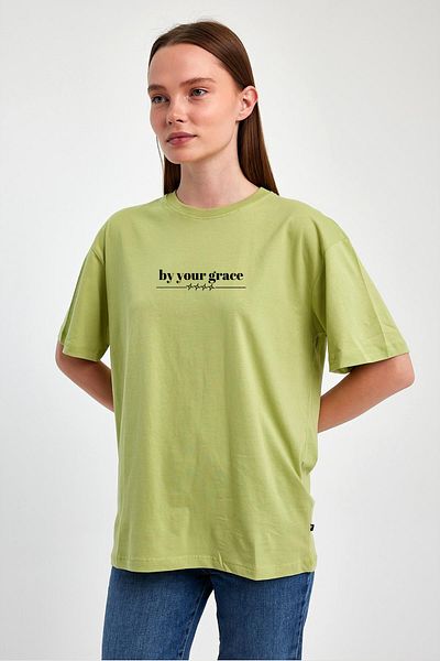 FİHA /2513-UNISEX OVERSIZE PRINTED O-NECK TSHIRT - ΠΡΑΣΙΝΟ ΦΥΣΤΙΚ