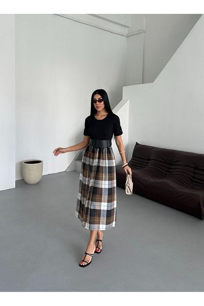 Appleline Camisole Short Sleeve Summer Plaid Dress with Belt