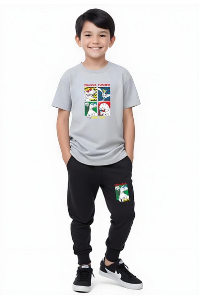 YA KO KİDS Dinosaur Explorer Printed Boys' Short Sleeve Double Pocket Bottom-Top Suit