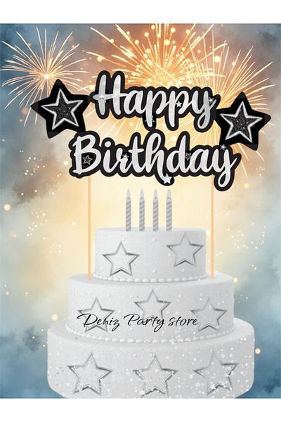 Deniz Party Store Black-White "Happy Birthday" Cake Decoration with Stick