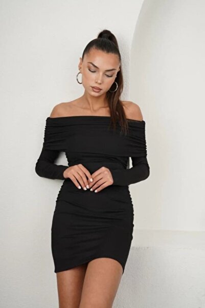 VELİZADE Yeni Sezon Omzu Açık Model Madonna Kayık Yaka Örme Büzgülü Drape Detaylı Kısa Şık Elbise Abiye