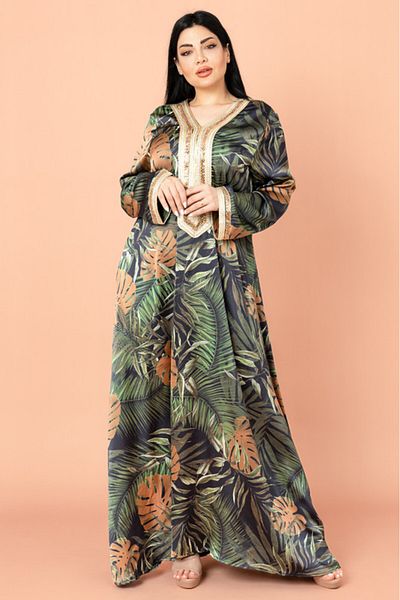 IKKXA Leaves Pattern Embroidered Jalabiya