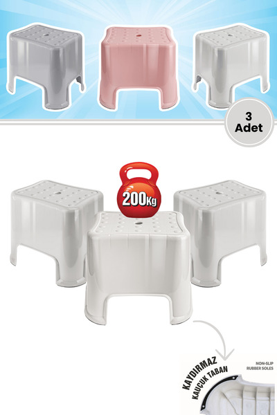 Flora 3 Adet Herkül Banyo Taburesi, Kaydırmaz Kauçuk Tabanlı 200 Kg Taşıma Ka...