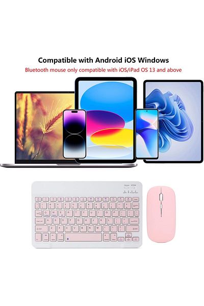AWH Rechargeable Bluetooth Keyboard Mouse Combo Ultra-Slim Wireless Set IOS, Android  Windows (Pink)