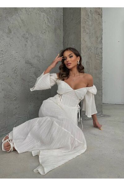 FASHION COCKTAIL Çift Bel Korseli Düşük Omuz Yarım Kollu Bohem Maxi Bilekte Uzun Tatil Elbisesi