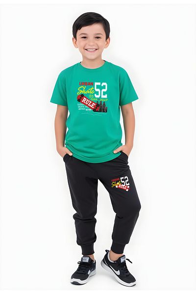 YA KO KİDS Skate 52 Printed Boy's Short Sleeve Double Pocket Bottom-Top Suit