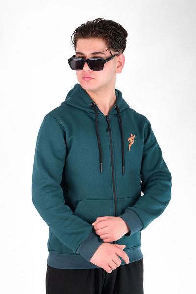 MODA 3 Thread Hooded Zippered Green Sweatshirt with Fleece Inside