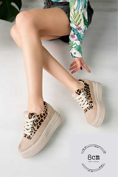 BAHRİNA Pantofi sport bej leopard cu talpă înaltă, cu toc ascuns, cu detalii de piatră (8 cm cu toc)