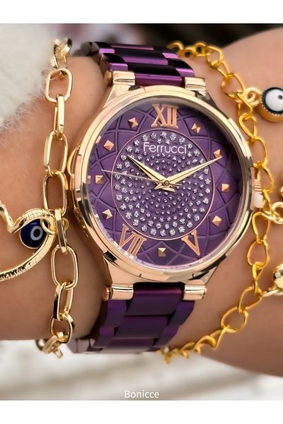 Ferrucci Brand Steel Cord, Stoned Stylish Dial, Waterproof, Purple Color Women's Wristwatch + Bracelet