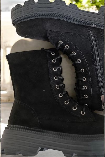 yagmurberen Women's Suede Boots with Lace-Up Side Zipper