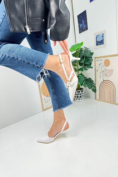 Nstil White Pointed Toe - Adjustable Belt Detail Open Back Thin Heeled Women's Shoes 922-64