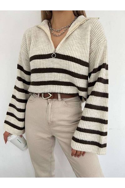la & vetta Brown Zippered Oversize Knitwear Sweater