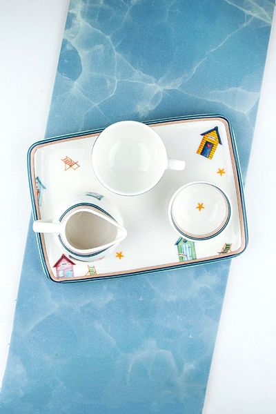 Bursa Porselen Dekor Beach Huts Tea Cup with Porcelain Tray & Turkish Delight Holder & Milk Bowl