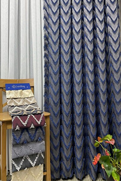 Cortibo Verona Patterned Background Curtain Navy Blue - Without Piles
