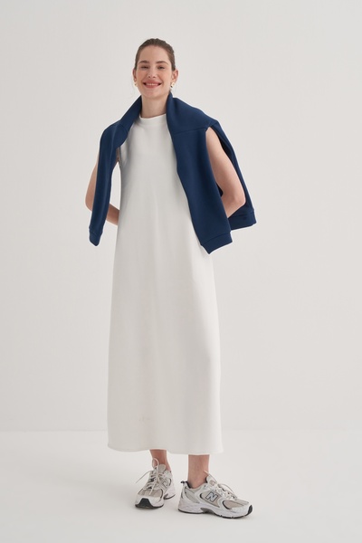 EBU Prive Kadın Çelik Örme Sıfır Kol Elbise Ekru