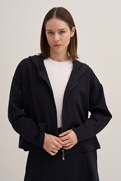 EBU Prive Kadın Çelik Örme Kapüşonlu Kısa Sweat Lacivert