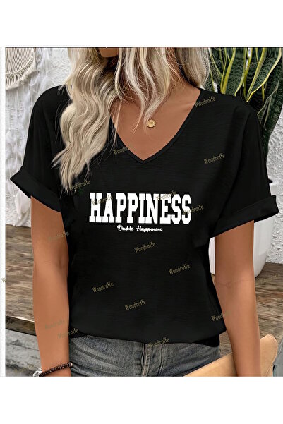 WOODROFFE New Season - Γυναικείο μαύρο μπλουζάκι με λαιμόκοψη σε σχήμα V με σ...