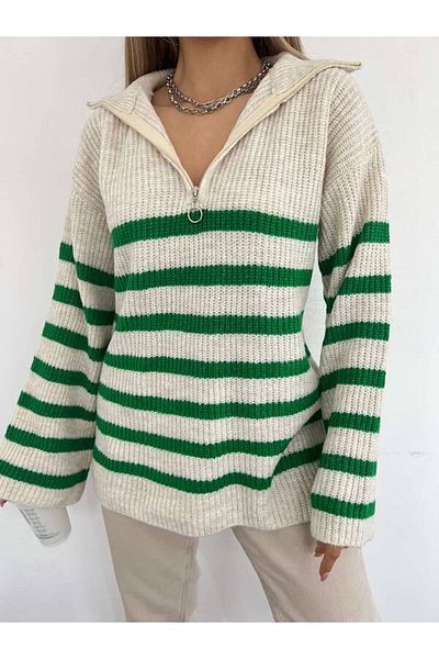 la & vetta Green Zippered Oversize Knitwear Sweater