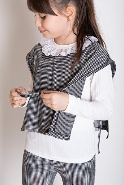 Cansın Mini Black Plaid Patterned Sweater and Trousers for Girls 3-Piece Set 20371