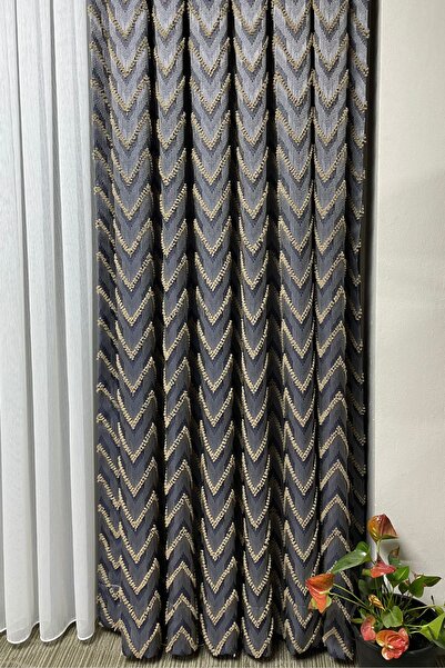Cortibo Verona Patterned Background Curtain Navy Blue & Mink - Without Piles