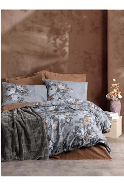 Cotton Box Set de lenjerie de pat Antrasi Smooth Double Trim cu pătură