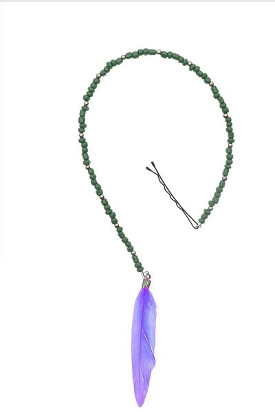 New Obsessions Purple Feather Tip Green Beaded Hair Bead Hair Accessory