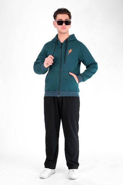 MODA 3 Thread Hooded Zippered Green Sweatshirt with Fleece Inside