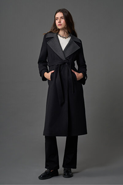 Mizalle Yaka Garnili Antrasit-Siyah Kaban