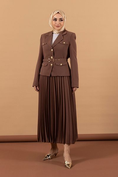 Stilife Pleated Skirt and Brown Jacket Set
