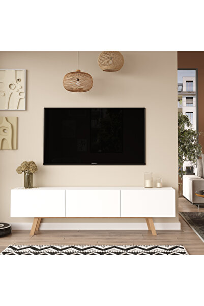 Robin Home Marlon Tv Ünitesi 3 Kapaklı 180cm Ahşap Ayaklı Beyaz