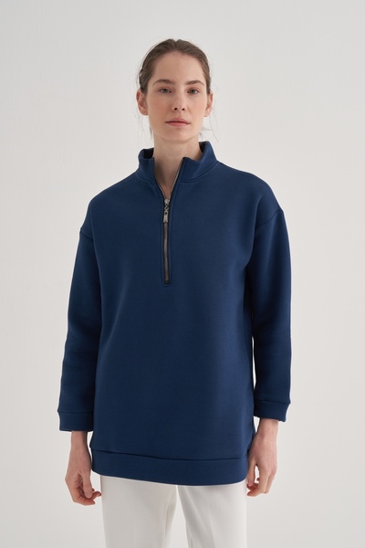 EBU Prive Women's Half Zipper Raised Sweat Navy Blue