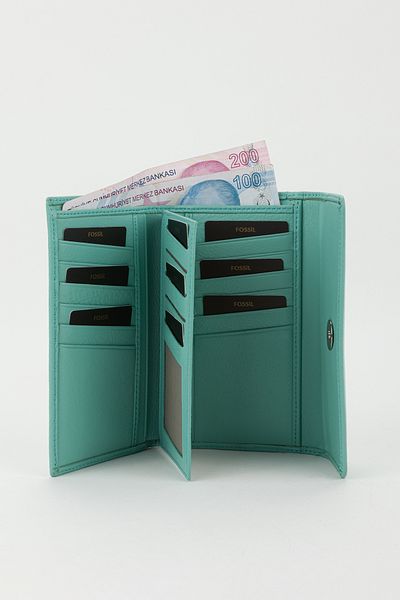 Fossil Boxed Genuine Leather Water Green Medium Size Multi-Compartment Women's Hand Portfolio Card Holder Wallet