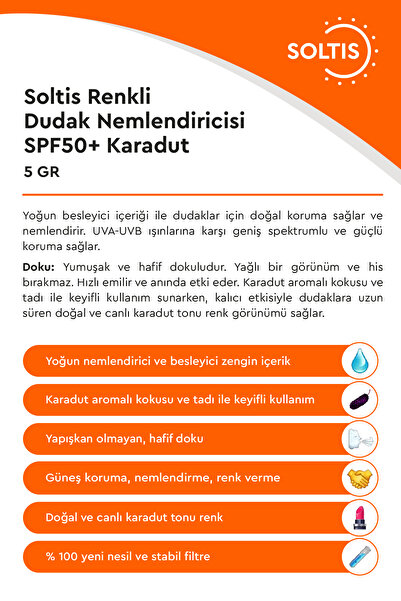 Soltis Renkli Dudak Nemlendiricisi SPF 50+ Karadut  5 gr