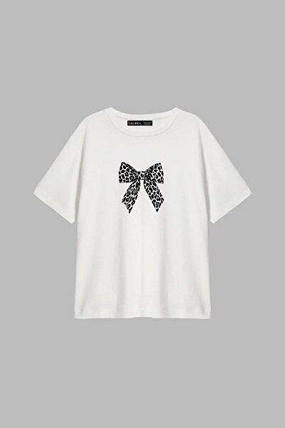 Bak Moda Φιόγκος "V2" με στάμπα Relaxed Fit Λευκό γυναικείο μπλουζάκι