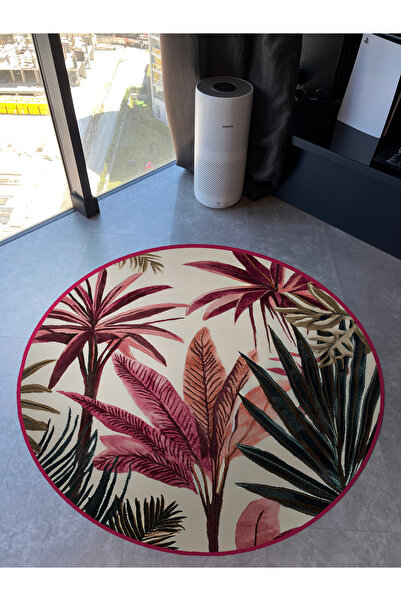 Rugs Modern Halı Bliss Pink Palm Tropical Modern Woven Base Decorative Round Rug 936