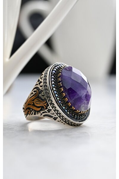 Luceven 925 Ayar Gümüş Mor Akik Taşlı Erkek Yüzük
