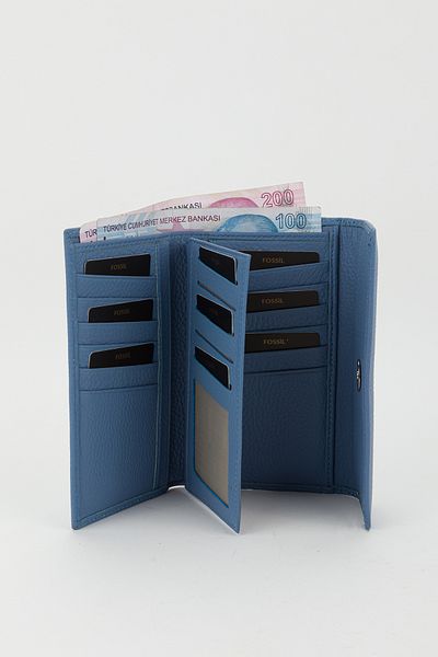 Fossil Boxed Genuine Leather Ice Blue Medium Size Multi-Compartment Women's Hand Portfolio Card Holder Wallet