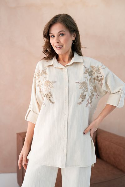 MVStore Women's Sequin Embroidery Stone Embroidered Flam Linen Shirt and Pants Set