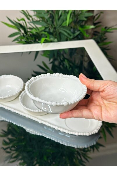 KRD Home 3-Piece Porcelain Tray Beaded Plate Presentation Bowl Jam Bowl Sauce Bowl Sugar Bowl Snack Bowl