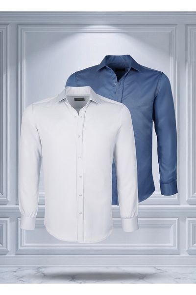 Todth 2 Pack Easy-Iron Four Seasons Modern Fit Soft Texture White and Indigo Plain Shirts