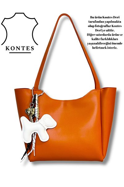 Kontes Women's Dog Bag Charm Detailed, Zippered and Snap Closure Orange Shopper Hand and Shoulder Bag