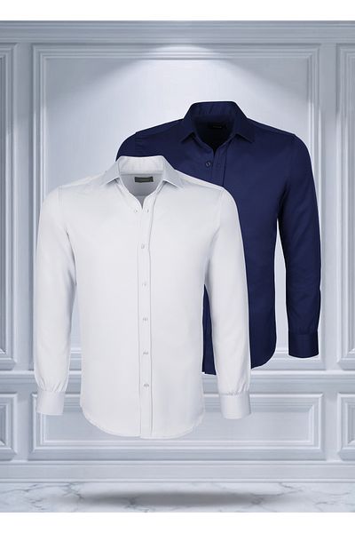 Todth 2 Pack Easy-Iron Four Seasons Modern Fit Soft Texture White and Navy Blue Solid Shirts