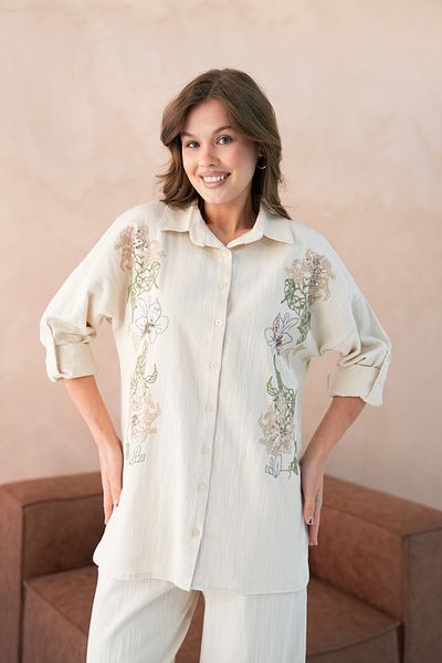 MVStore Women's Sequin Embroidery Stone Embroidered Flam Linen Shirt and Pants Set