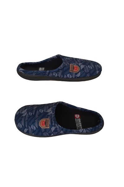 GEZER Men's Navy Blue-Grey Line Patterned Orthopedic Sole Indoor Daily Slippers