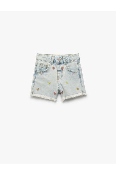 Koton Pantaloni scurți din denim cu buzunar, cu broderie inimă din bumbac