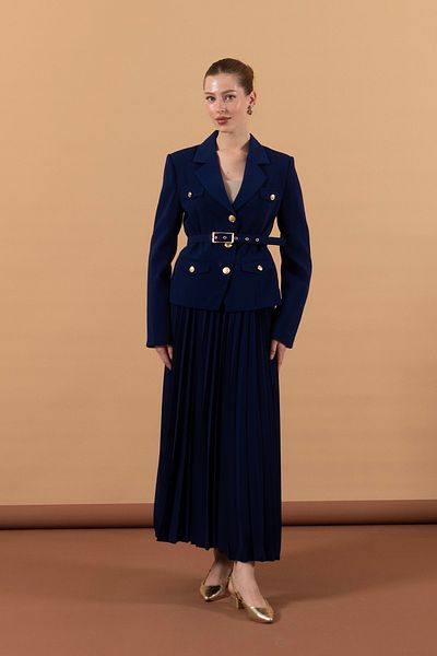 Stilife Indigo Pleated Skirt and Jacket Set