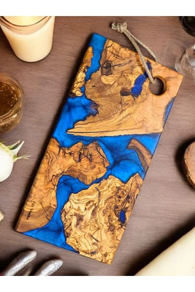 F&S WoodArt Olive Tree & Blue Epoxy Coffee Cheese Wine Presentation Board Plate - Tray 40 X 20 cm