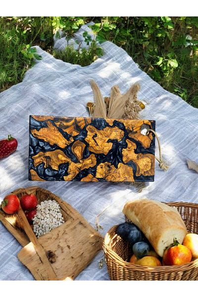 F&S WoodArt Olive Tree & Black Epoxy Coffee Cheese Wine Presentation Board Plate - Tray 40 X 20 cm