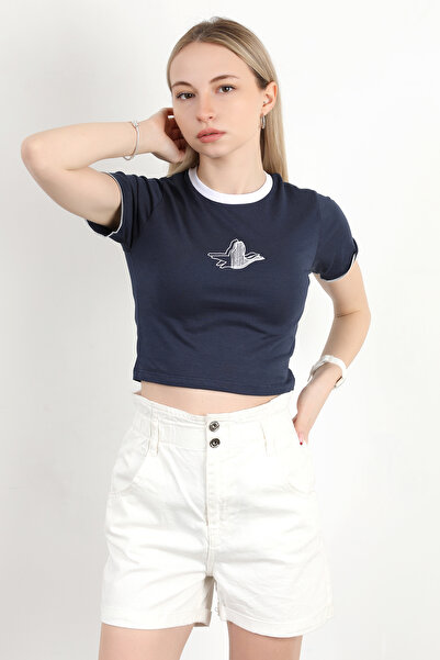 GİYSA Ženska okrugla kragna Bird Vezena T-shirt tamnoplava - 925053