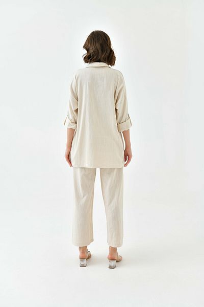 MVStore Women's Sequin Embroidery Stone Embroidered Flam Linen Shirt and Pants Set